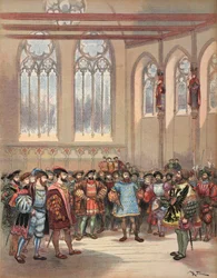 Der Bourgogne-Herold, gesandt von Karl V., empfangen von Franz I. im großen Saal des Parlaments, Illustration aus 